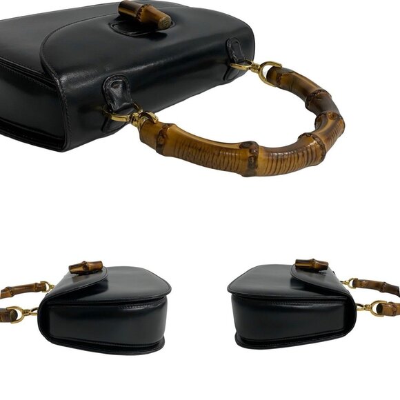 GUCCI Black Leather Bamboo Tote Bag - Picture 5 of 9